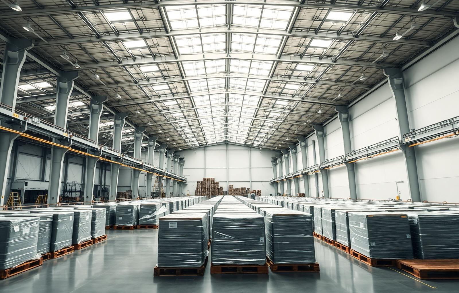 Vue intérieure d'un entrepôt logistique professionnel à proximité d'un aéroport
