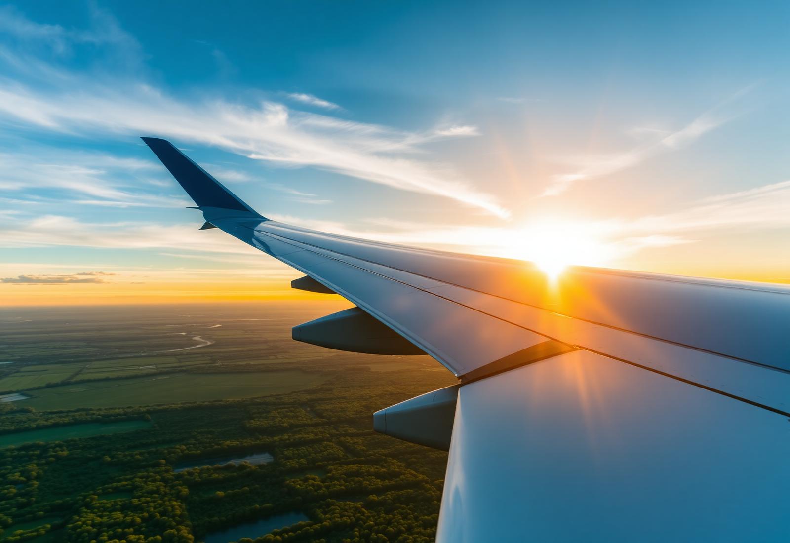 Aile d'avion au lever du soleil au-dessus de paysages verdoyants